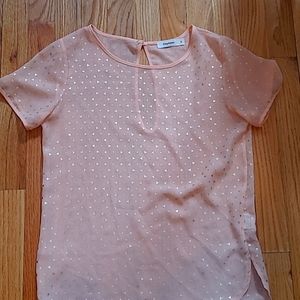 Transparent light pink blouse with gold embellishments.  Size small.